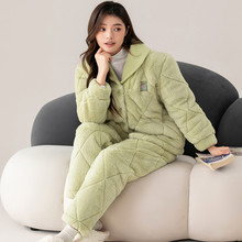 三层夹棉加厚睡衣女拉链可外穿冬天家居服套装牛奶绒妈装保暖睡袄