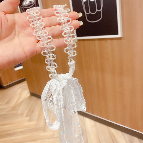 Adorable and sweet, ethereal little girl crystal pearl headband, ribbon butterfly bow hair tie, floating lace net child hair accessory