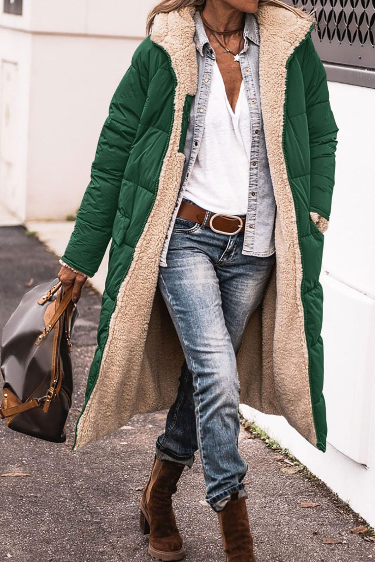 2023 European and American solid color hooded cotton-padded jacket long sleeve double-sided wear slim temperament cardigan coat top_voghion.com
