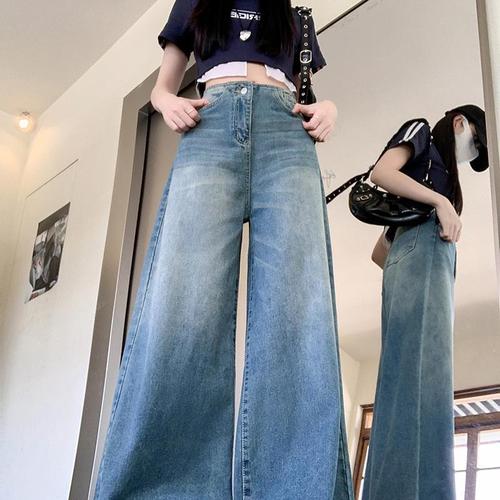 Retro Washed Blue Wide Leg Women's Jeans 2025 Spring New High-Waisted Unique Straight Leg Ground-Length Pants