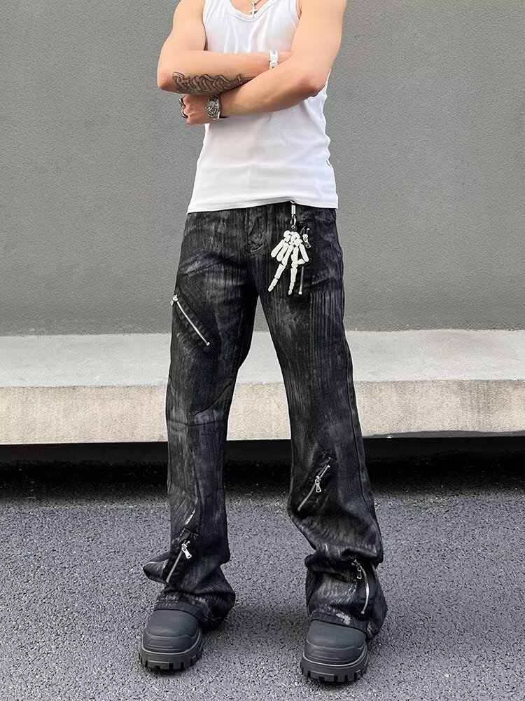 Men's Retro Distressed Flared Jeans High Street Style Loose Fit Zipper Design Cool And Edgy Long Pants_mkmklike.com