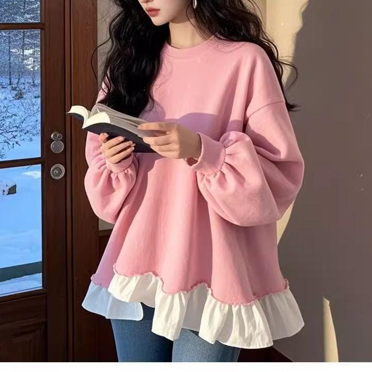 Plus-size loose-fit sweatshirt for plus-size women, with ruffle trim, slimming effect, thin and sweet doll-style top for spring and autumn