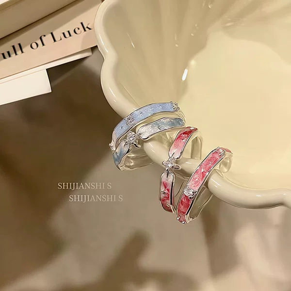 "Romanticism" Light and Airy Girl-Style Thin Blue Energetic Pink Cross Ring Niche Gradient Detached Feel Index Finger Ring