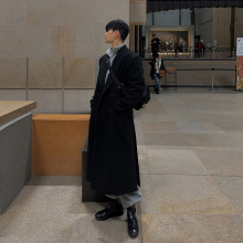 ASCLO黑色毛呢大衣男士中长款秋冬加厚宽松过膝西装加长风衣韩版