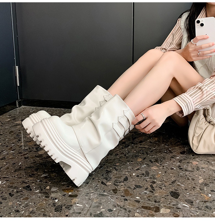 Boot nữ cổ cao ôm bắp chân đế xuồng da thật phong cách cưỡi ngựa khóa dây — Lớp lót đơn màu trắng nhạt 12cm, Lớp lót đơn màu nâu 15cm, Màu đen đơn 12cm, Lớp lót nhung màu nâu 12cm chi tiết 7
