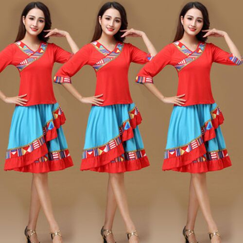 Square dance costume suit female Tibetan dance new mid-sleeve dance skirt ethnic style performance dance costume spring and summer