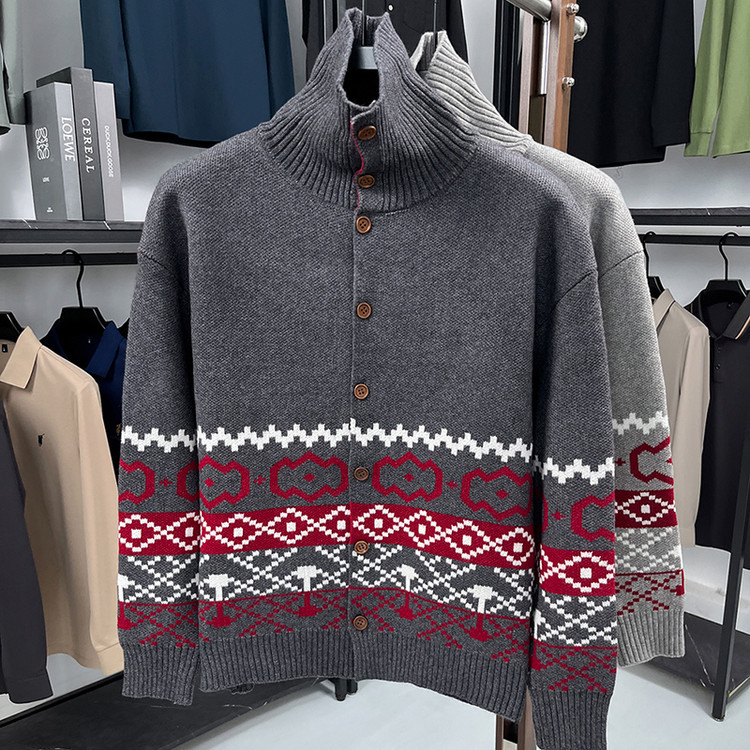 Otoño y invierno nuevo estilo europeo y americano con solapa Cardigan hombre chaqueta de manga larga moda casual suéter de hombre camisa de punto