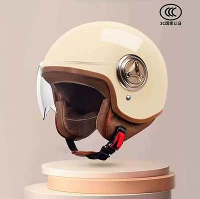 Motosiklet kaskı (dəbilqə) | and Women, Universal for All Seasons - 801-new-national-standard-class-a-3c-certification-light-khaki-short-lenses-free-size