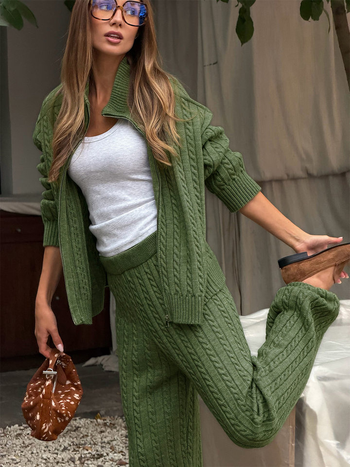 Bộ hai món nữ áo len cardigan cổ bẻ khóa kéo phối quần dài ống đứng, form rộng — Bộ hai mảnh áo len màu hồng, Bộ hai mảnh áo len màu sô cô la, Bộ hai mảnh áo len màu xanh ô liu, Bộ hai mảnh áo len màu xám chi tiết 28