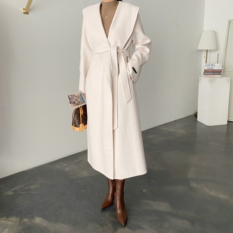 Korean Ins Winter Clothing French High-End Vintage Style Shawl Collar Tie Long Loose Woolen Coat Jacket