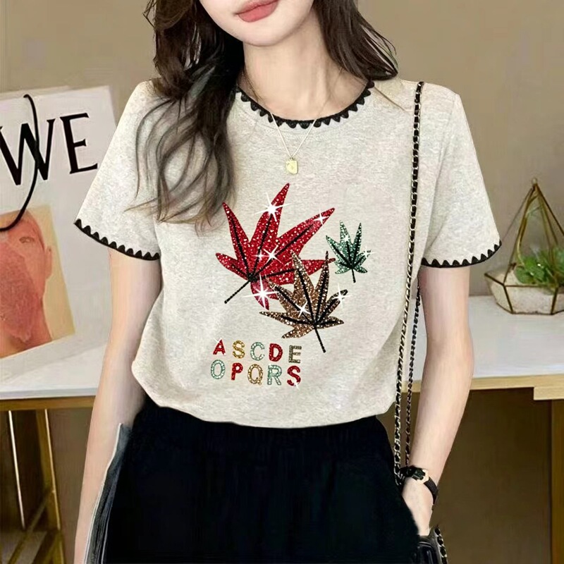 40-Count 210g Pure Cotton Short-Sleeve T-Shirt for Women, Korean Style, Unique Design, Niche Style, Patchwork, Rhinestone Lace Top 40-Count 210g Pure Cotton Short-Sleeve T-Shirt for Women, Korean Style, Unique Design, Niche Style, Patchwork, Rhinestone Lace Top