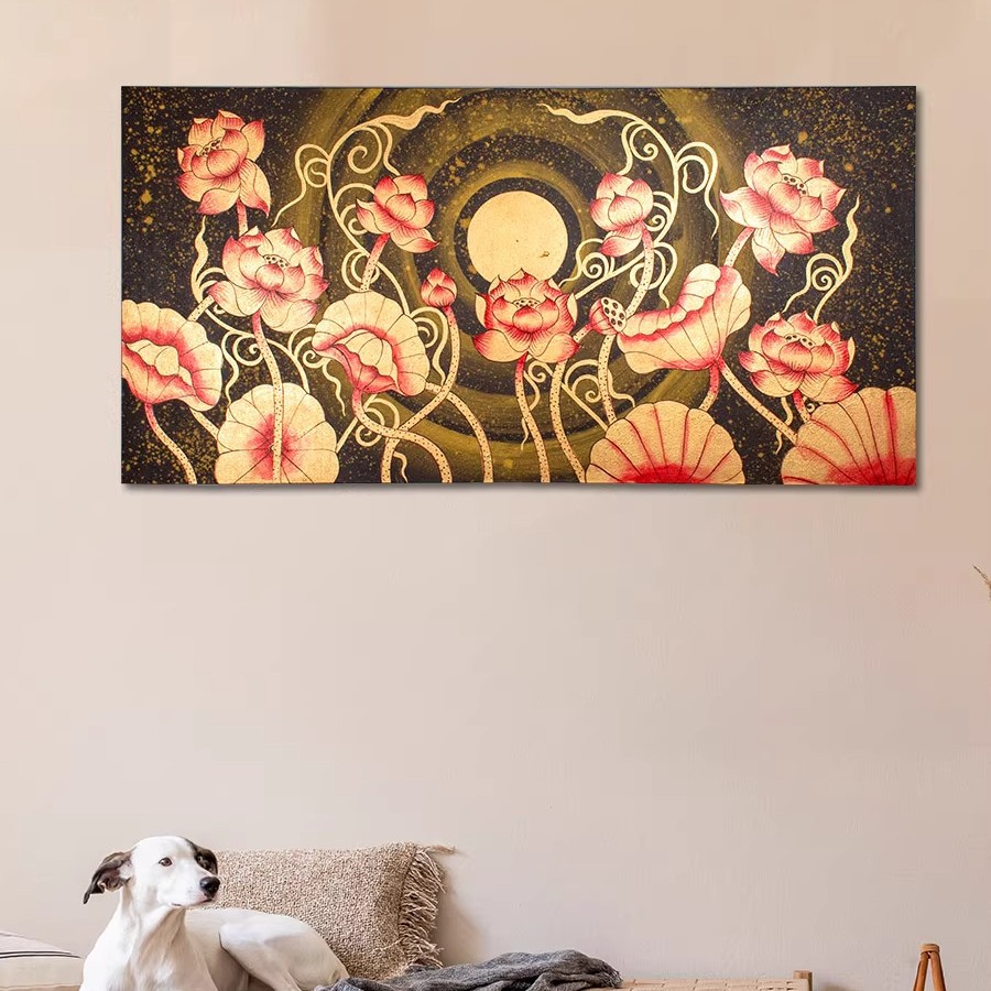 泰国手工绘制荷花金箔画墙上装饰挂件东南亚特色风情背景墙壁饰