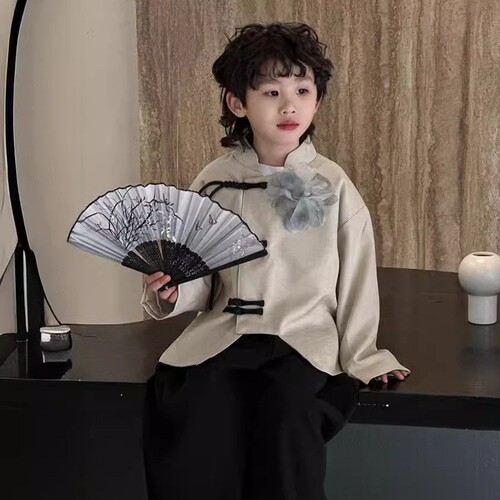 Chinese-style children's clothing sets, Chinese-style Hanfu and Tang-style clothes, 2024 spring and autumn new items, stand-up collar top and pants, one piece for drop shipping, trendy