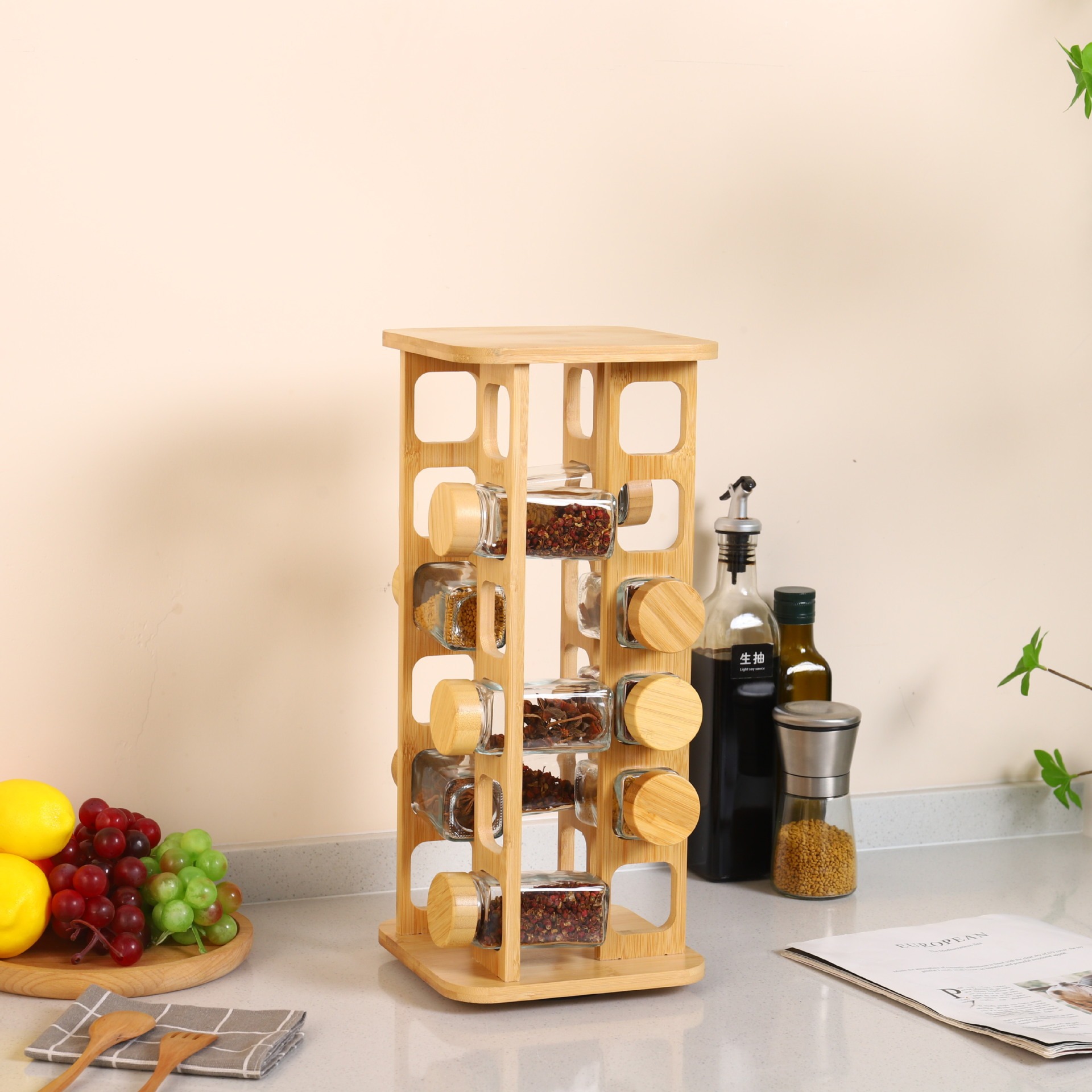 Rack de condimento de madera cuadrada para cocina doméstica condimento giratorio condimento de botella de condimento de gran capacidad multi-especificación