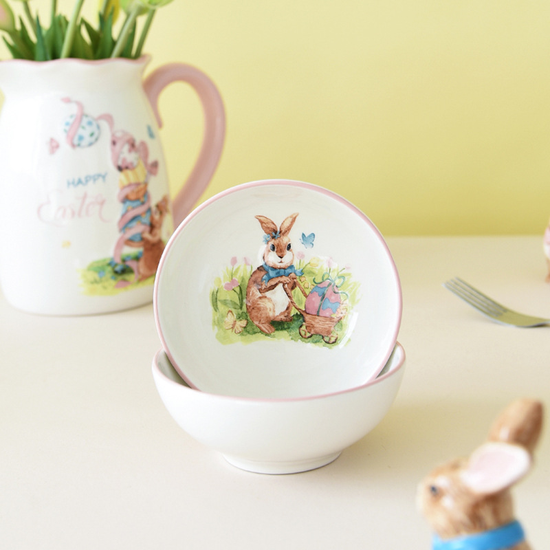 Cerámica de Pascua dibujos animados conejo cubiertos encantador hogar ideas de regalo de tazón grande