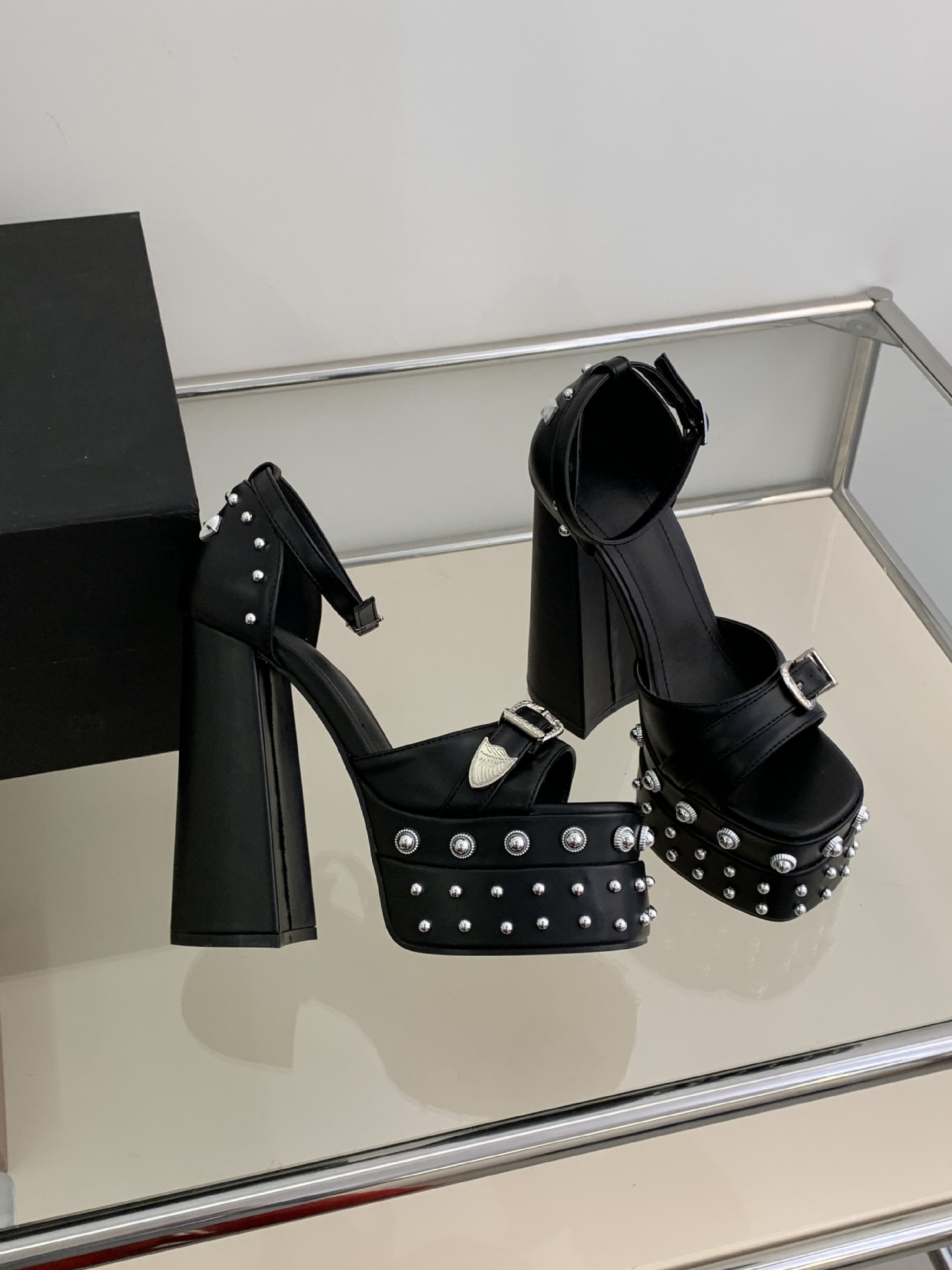 Sandal cao gót nữ hở mũi đính đá, quai một chữ, gót 14,5 cm, đế platform — màu đen chi tiết 24