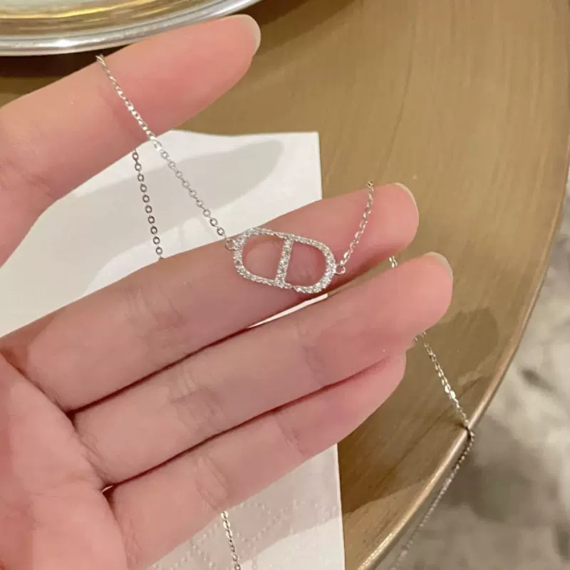 S925纯银镶钻字母CD项链女小众设计感轻奢猪鼻子锁骨链生日礼物