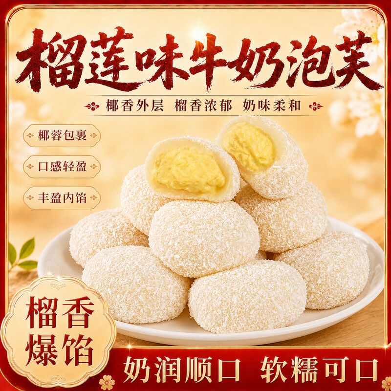 Durian-Flavored Milk Puff Snow Mochi, Chewy and Sticky, Popular Durian-Filled Snack, Casual Pastry, Dessert, Whole Box Durian-Flavored Milk Puff Snow Mochi, Chewy and Sticky, Popular Durian-Filled Snack, Casual Pastry, Dessert, Whole Box