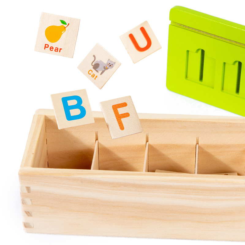 Nuevo conocimiento de la caja de clasificación de palabras inglesas frutas digitales cognición de la educación temprana caja de emparejamiento iluminación puzzle juguetes de madera image 4