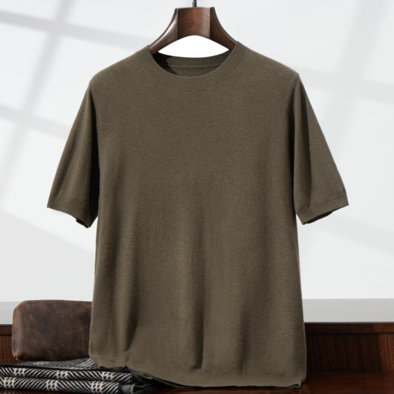 2025 summer new 100 wool 68 double fine imitation men's knitted round neck thin pullover short sleeve men's fashion