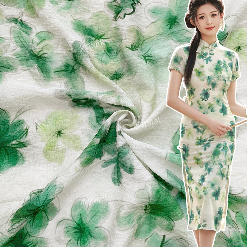 新中式国风苎麻印花布料连衣裙旗袍面料1.45米宽幅 可更换底料