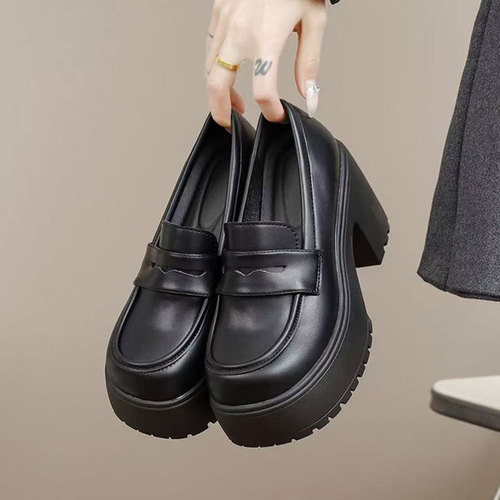English-style retro small leather shoes for women, autumn and winter French thick sole high-heeled single shoes, easy-to-wear loafers
