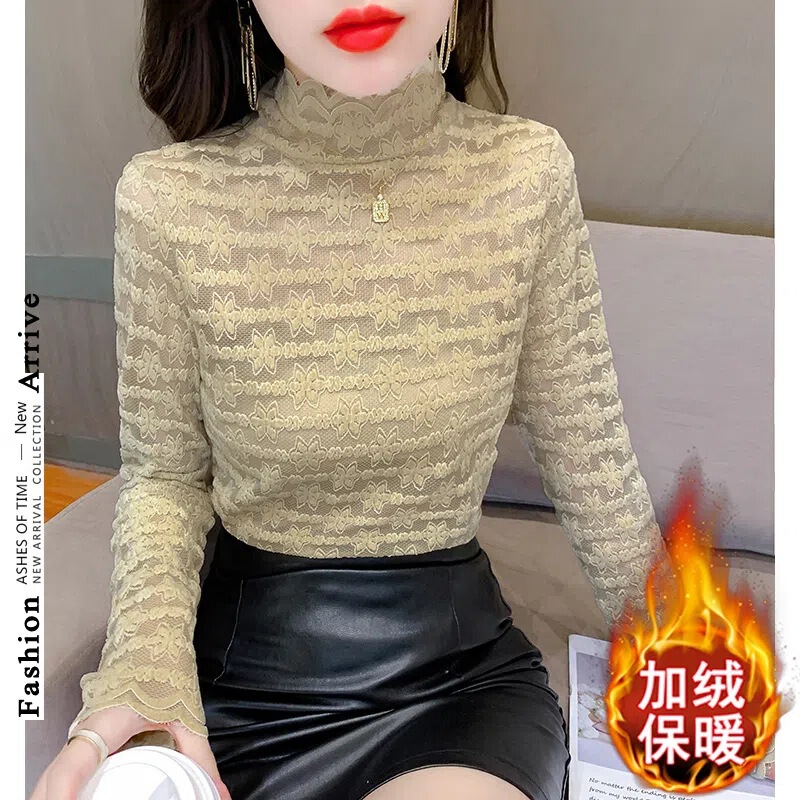 Fleece-Lined Autumn and Winter New Style High-Neck Thin Lace Base Shirt for Women, Stylish Long-Sleeve Mesh Top Trendy