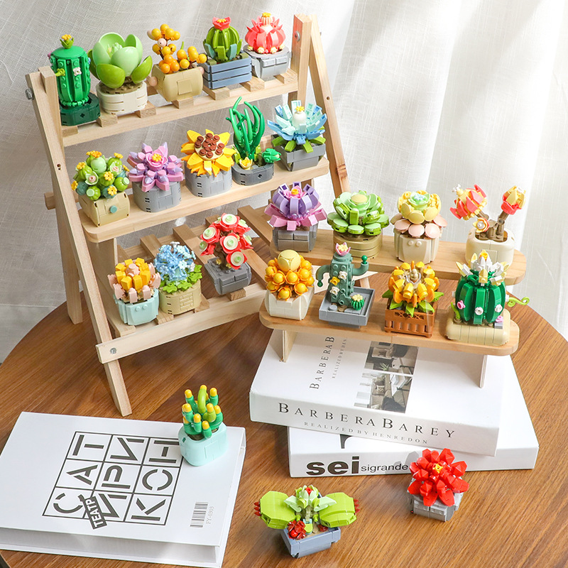 (2개) 치료 다육 식물 화분 장식 퍼즐 조립 작은 입자 빌딩 블록 소년과 소녀 장난감 선물 도매