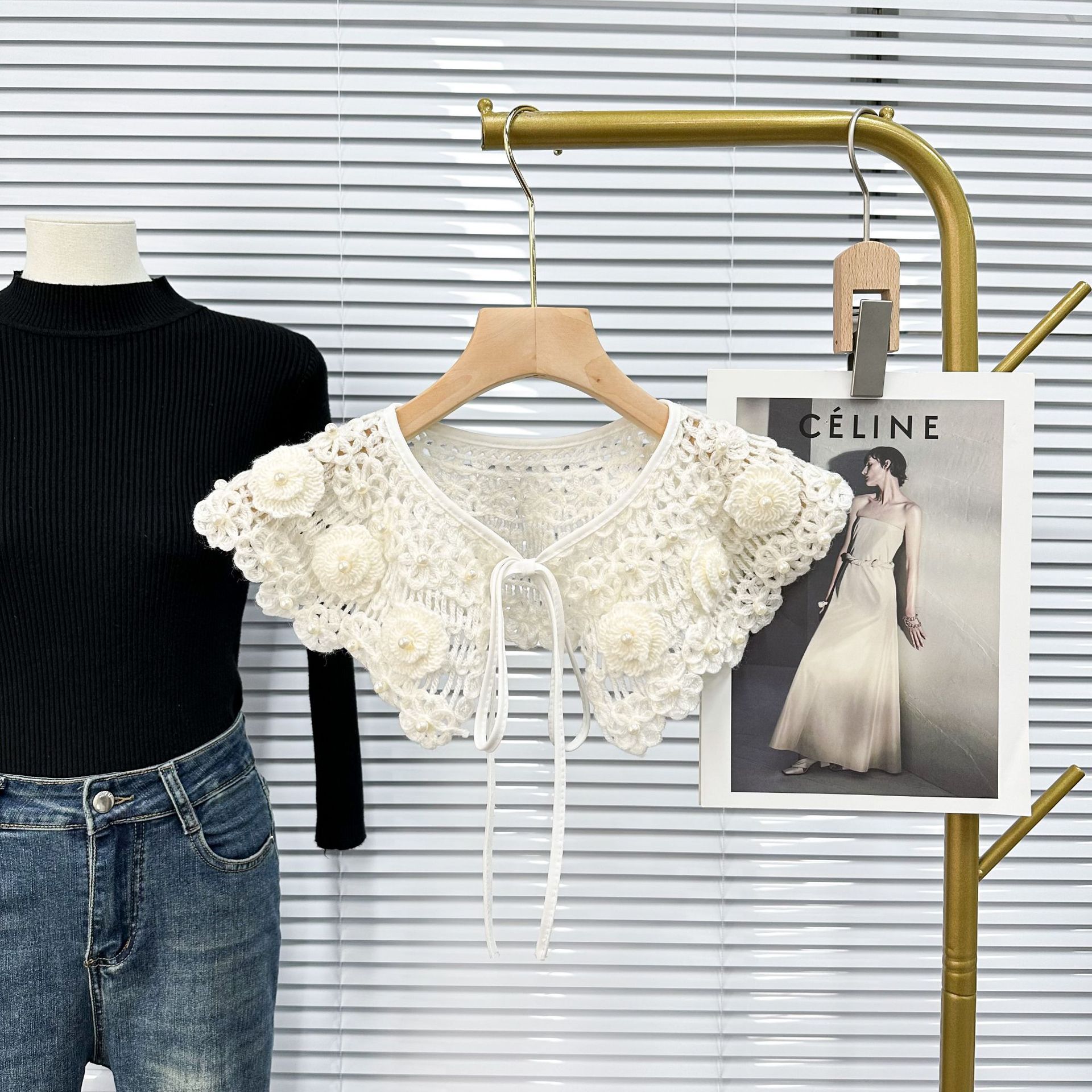 现货直销秋冬毛线披肩系带假领子钉珠镂空女配裙花边卫衣毛衣外搭