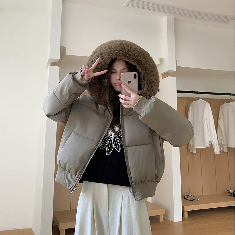 外贸设计感连帽毛领棉服女2025年冬季新款加厚保暖短款面包服外套