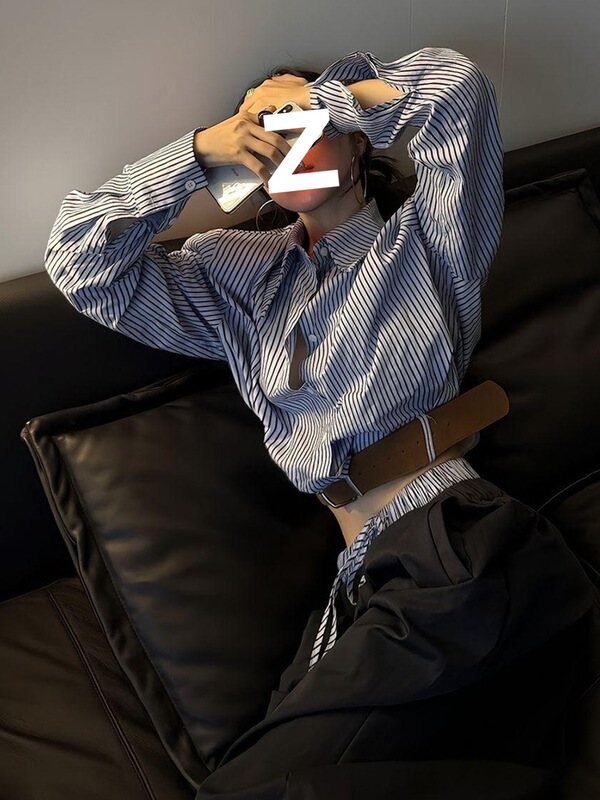 2025韩系chic蓝色条纹长袖衬衫女秋季时尚气质修身显瘦感开衫衬衣|undefined