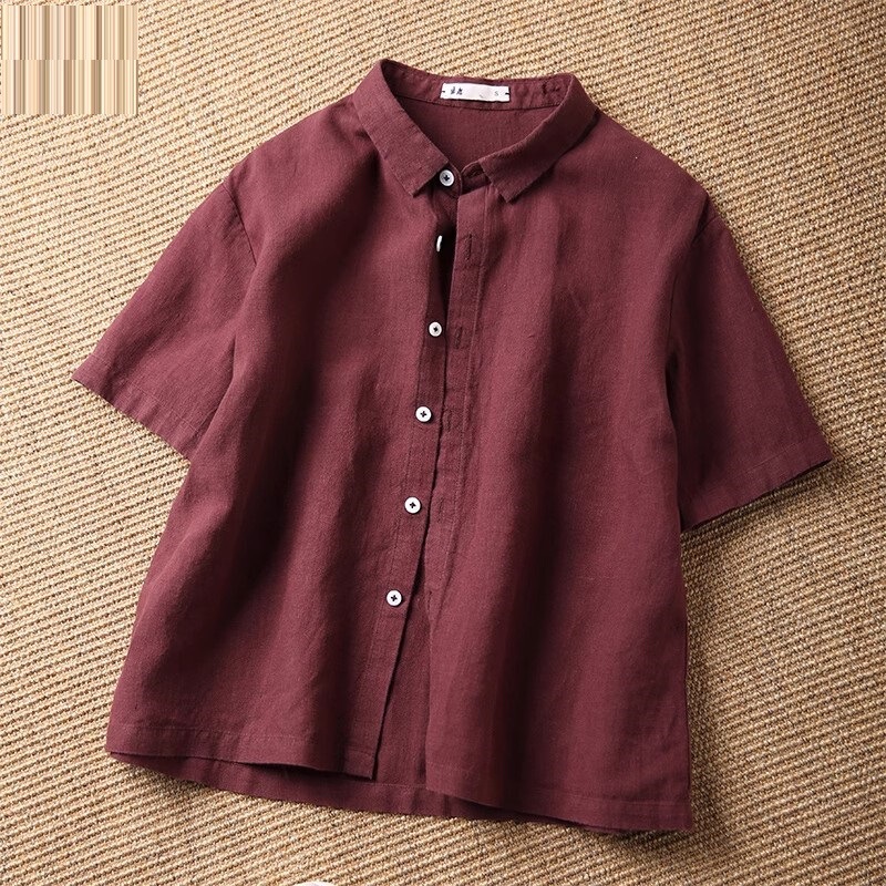 New Style Linen Thin Solid Color Retro Short-Sleeve Shirt Top for Women with a Blazer Collar, Short Length, Versatile for Petite Sizes