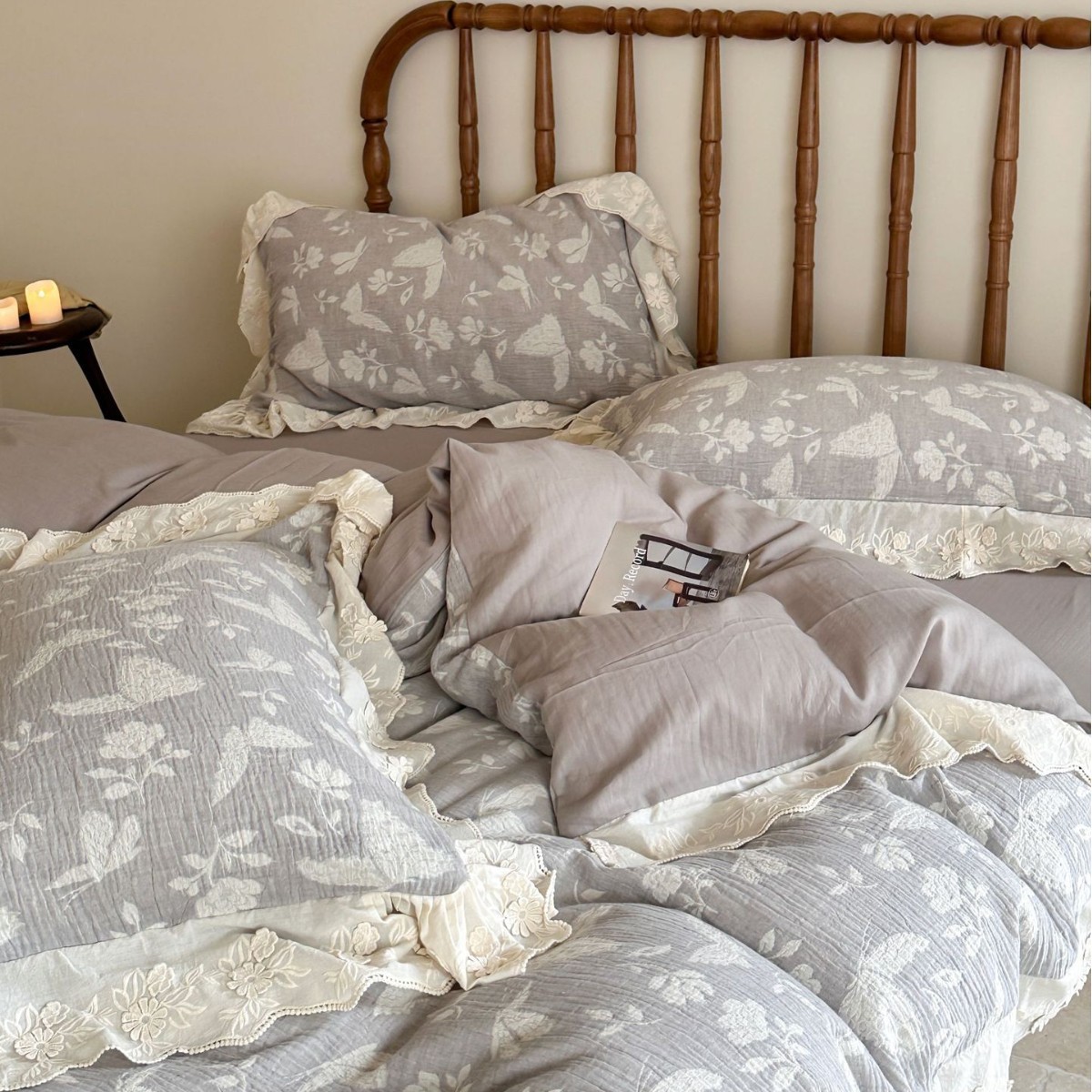 Parure de lit avec dentelle, style français coton et lin_voghion.com