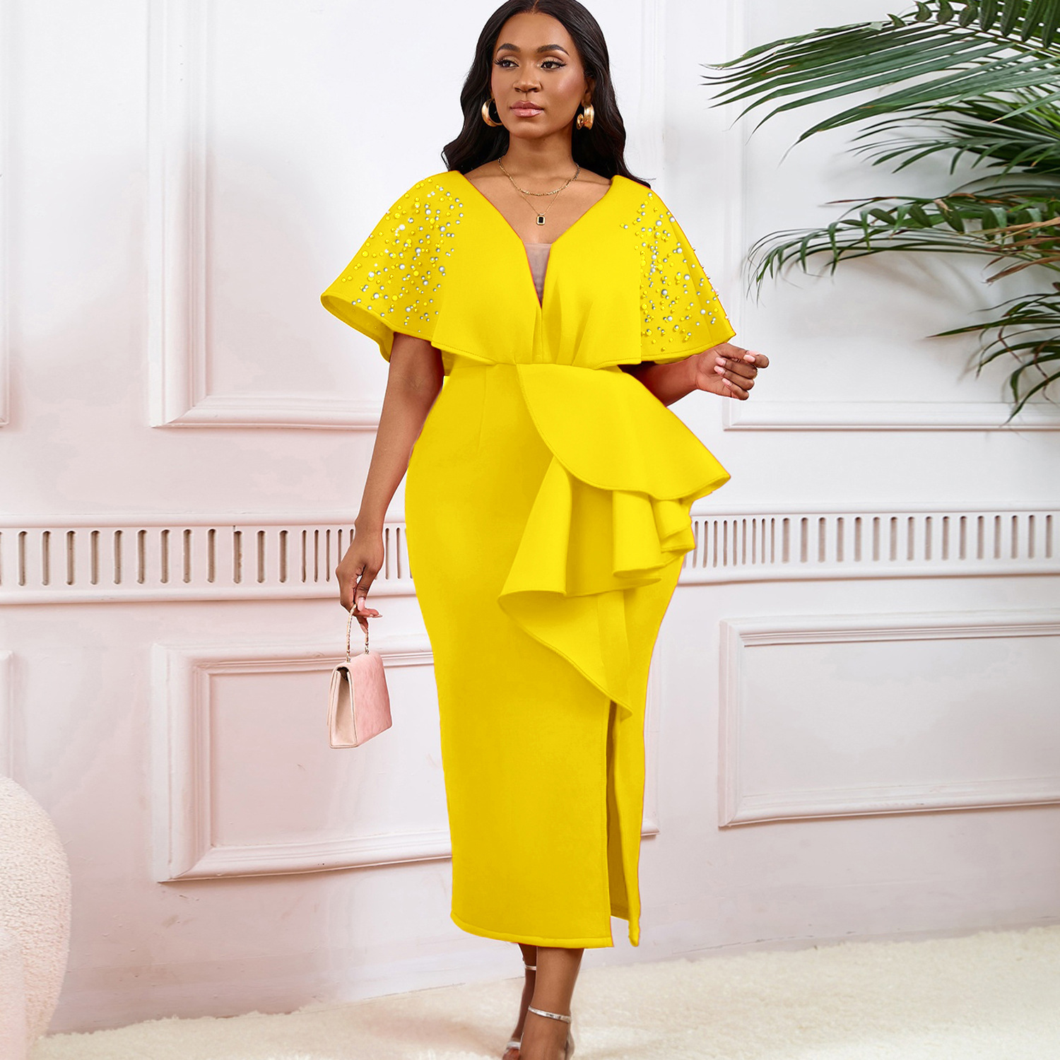 Robe de soirée sexy à col en V et à volants avec fente perlée, robe de banquet de tempérament de célébrité_voghion.com