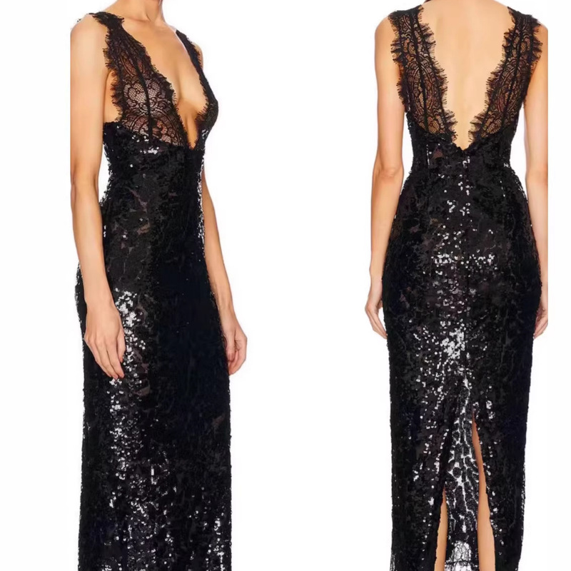 European and American Style Deep V-Neck Lace Sexy Spaghetti Strap Dress with Unique Design, Heavy Sequin Embellishment, and Slit, Long Gown