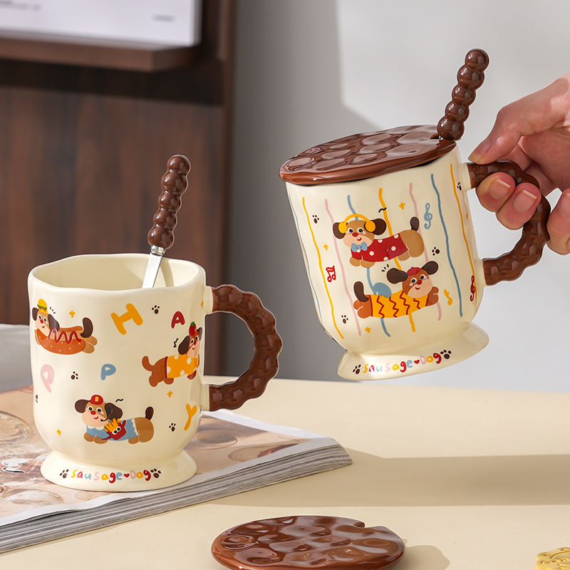 かわいいダックスフントセラミックカップ家庭用飲料マグ蓋スプーンオフィスセラミックミルクカップギフトウォーターカップ|undefined