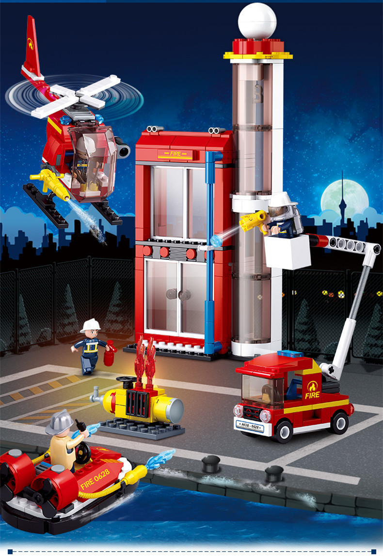Xiaoluban assembled children's educational boys' toys assembled building blocks fire fighting hero fire fighting training building B0628