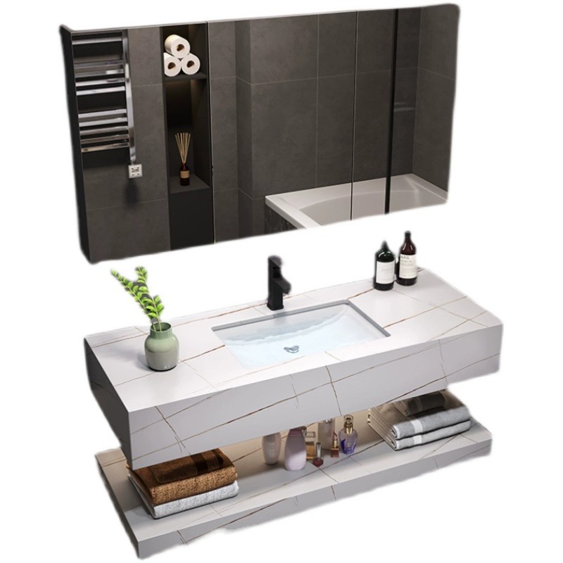 Gabinete de baño integrado moderno y simple de tabla de roca lavabo colgado de pared lavabo inteligente lavabo doble capa combinación de gabinete de lavabo