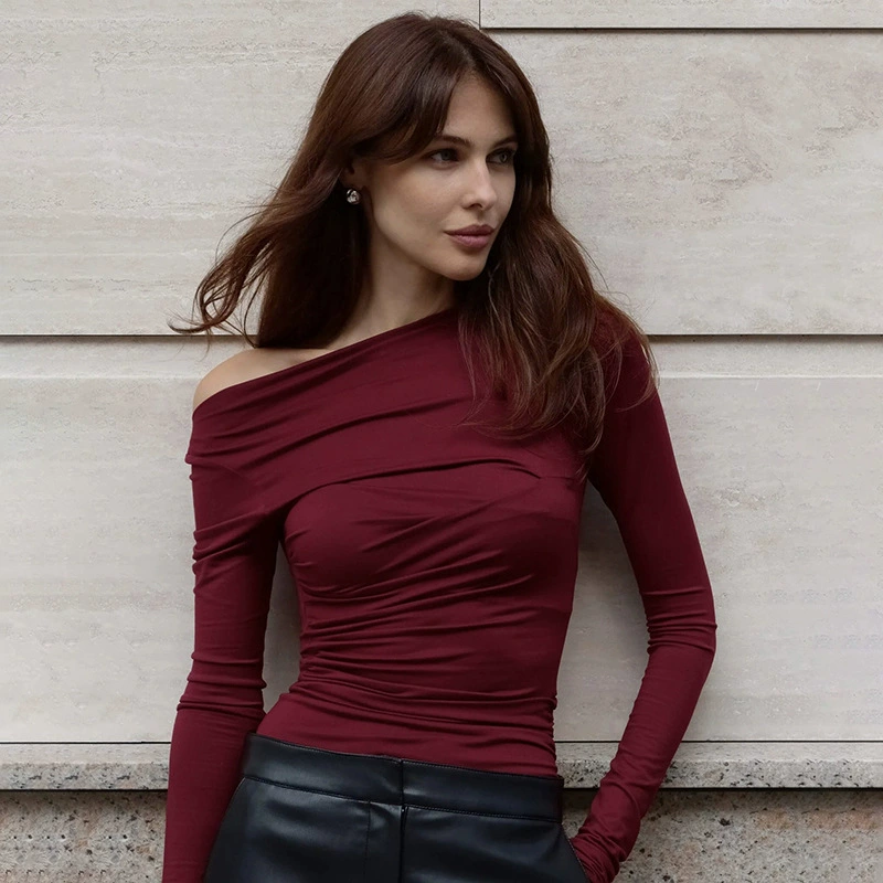 W262TP Европа и США трансграничный 2025 новый весенний сплошной цвет с открытыми плечами диагональный воротник асимметричные складки с длинными рукавами футболка топ