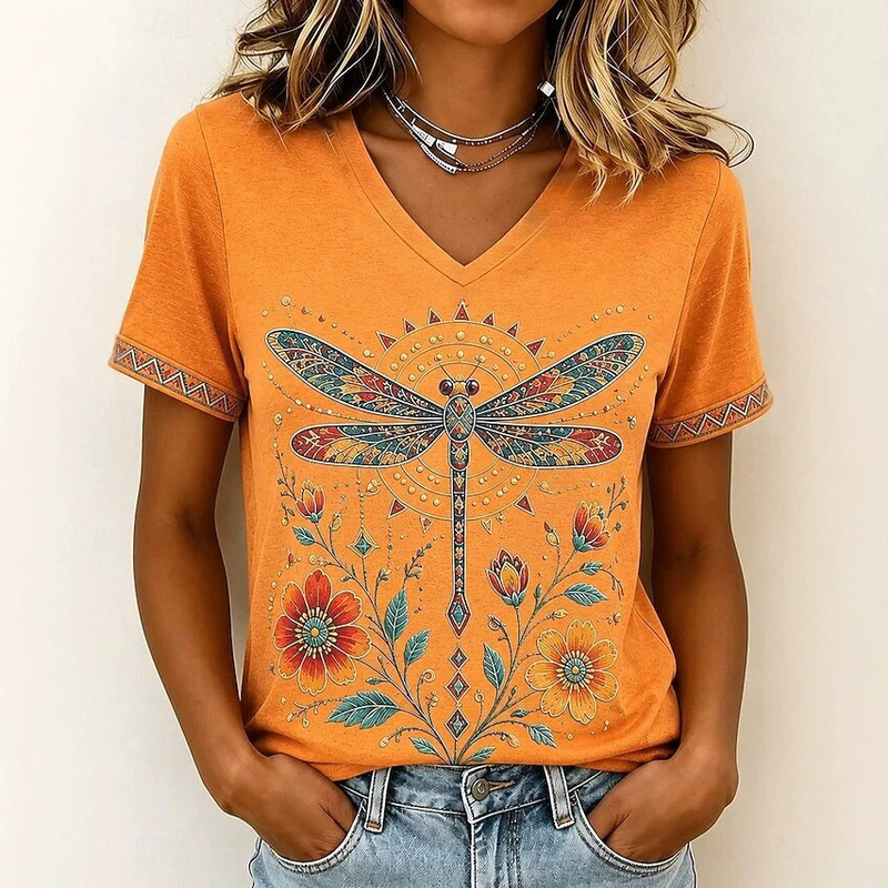2026 Summer Cross-Border Tops, Fashionable New Retro Dragonfly Print V-Neck Women's T-Shirt Short Sleeves 2026 Summer Cross-Border Tops, Fashionable New Retro Dragonfly Print V-Neck Women's T-Shirt Short Sleeves