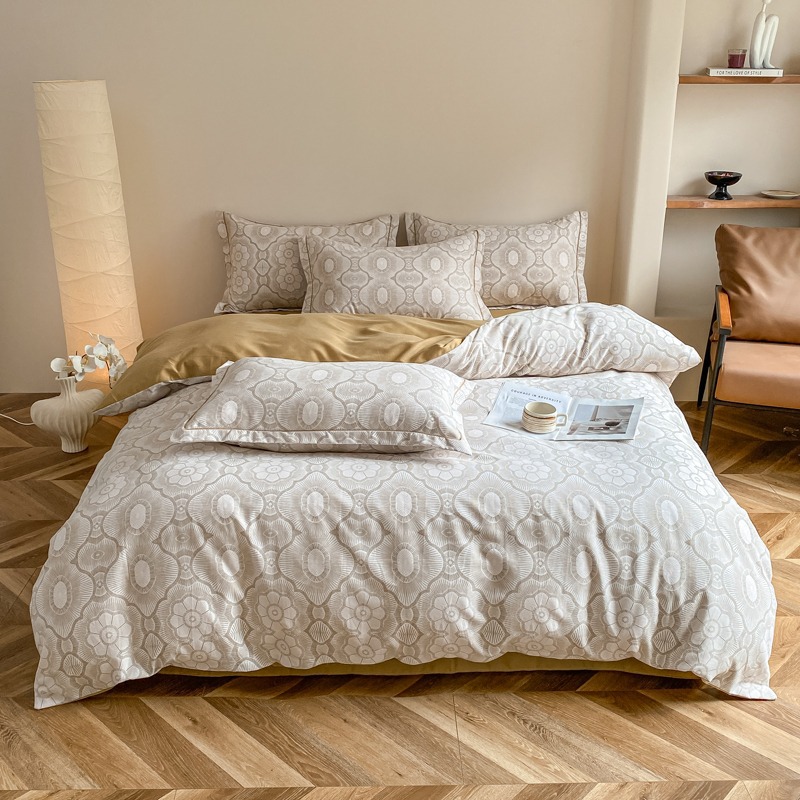 Parure de lit quatre pièces style nordique 100% coton brossé avec housse de couette imprimée, drap-housse et drap plat pour étudiant_voghion.com