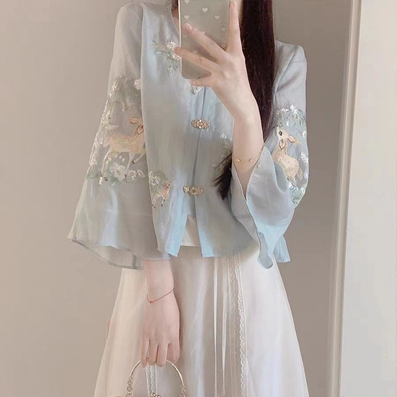 芳華新中国式日常刺繍国風時代劇漢服女性茶芸服唐装小背盤ボタンセット夏|undefined