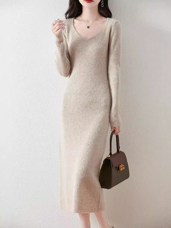 New Autumn and Winter Women's Wool Dress, Slim-Fitting Long Dress, Hip-Hugging Sweater Dress, Extra-Long Base Layer Over-The-Knee Knitted Long Dress New Autumn and Winter Women's Wool Dress, Slim-Fitting Long Dress, Hip-Hugging Sweater Dress, Extra-Long Base Layer Over-The-Knee Knitted Long Dress