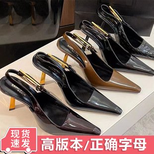 Dingyuan~ Yang Shulin's small gold heels high heels feminine temperament pointed toe behind empty metal buckle thin heels Baotou sandals