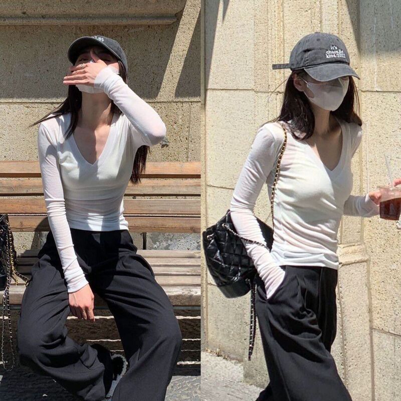 Yuran 26 Early Spring New Model Ir Lyocell Silk V-Neck Gentle and Elegant Long-Sleeve T-Shirt Knit Base Shirt