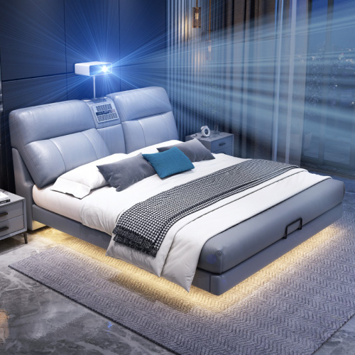 Modern Minimalist Leather Bed with Multifunctional Projector and Speaker, USB Charging, Smart Bed, Small House Living Room Floating Bed