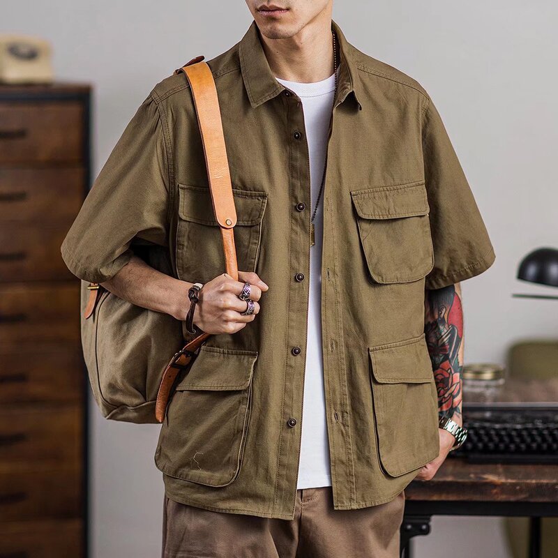 American retro M42 paratrooper field short-sleeved shirt multi-pocket summer shirt trendy ameikaji