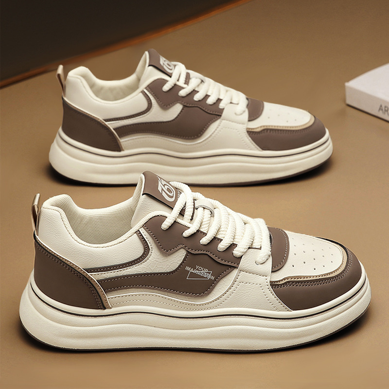 板鞋男款春季2024新款高級感皮面中學生厚底休閒防滑運動小白潮鞋