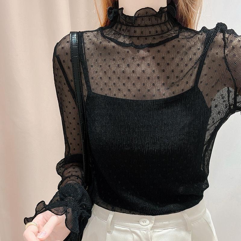 Lace-Trimmed Bottoming Shirt for Women, Fashionable and Stylish Bell-Sleeved Gauze Top for Spring and Autumn, White High-Neck Mesh Top