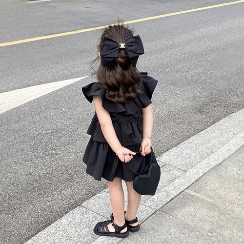 Girls' Vest Dress, Black Princess Style 2024 Summer New Arrival – Chic Kids' Ruffled One-Piece Dress with Tiered Layers
